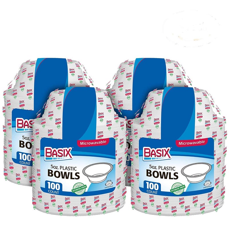 Basix [400 Count] Disposable 5 Oz White Plastic Dessert Bowls, Microwavable, Great For School, Take Out, Events, Home, Office, Wedding, Parties, Or Everyday Use, 4 Packs - Image 1